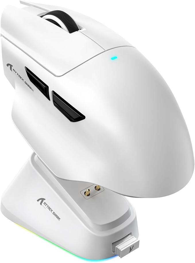 ATTACK SHARK V6 Wireless Gaming Mouse with RGB Charging Dock, 25K DPI PAW3311 Sensor, 1K Polling Tri-Mode Ergonomic PC Mice, 5 Programmable Bottons, Cloud-Based AI Driver for Win/Mac,White