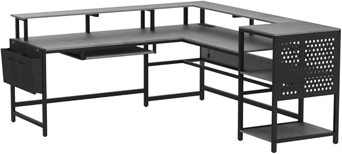SEDETA L Shaped Gaming Desk, Convertible 96" Home Office Desk or Corner Desk, L Shaped Table with Power Outlets & LED Strip, Monitor Stand, Keyboard Tray, Pegboard and Storage Shelves, Grey