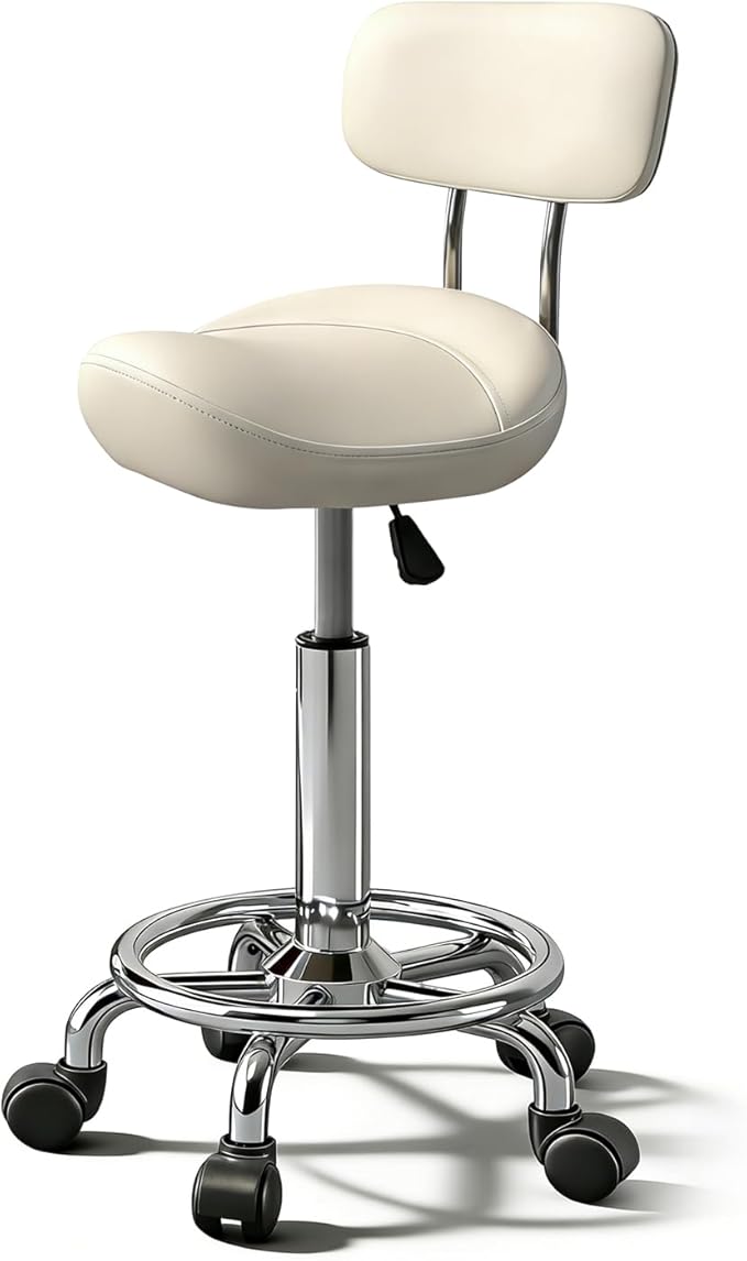 Saddle Stool with Back and Ring Pedal, Adjustable Hydraulic Rolling Chair with Wheels for Salon, Spa, Medical, Massage & Drafting Use White