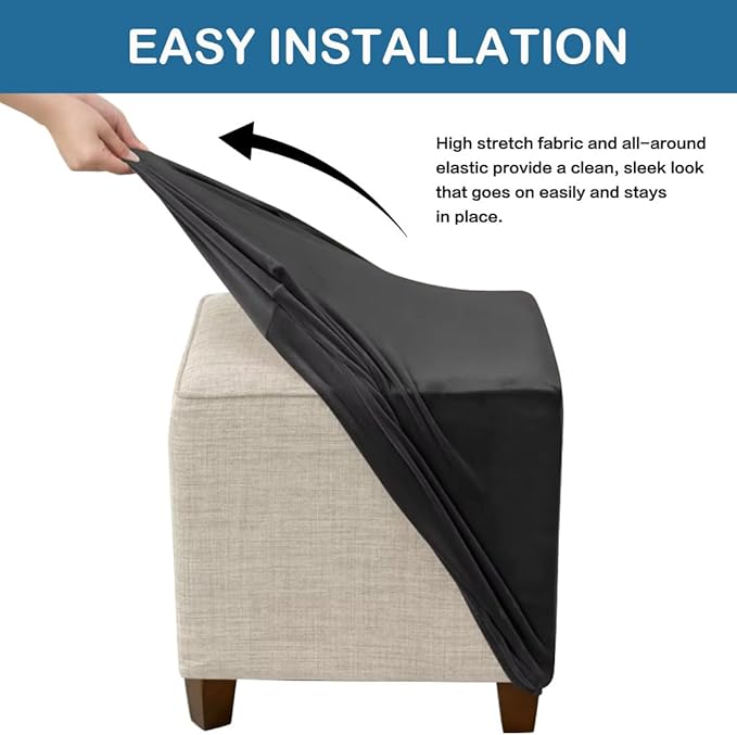 Ottoman Cover Square Velvet Ottoman Covers Protector for Footrest Foot Stool Furniture Stretch Comfortable with Elastic Bottom Medium Black