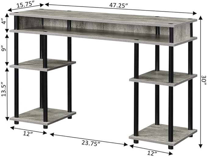 Convenience Concepts Designs2Go No Tools Desk Home Office Desk with Shelves, Corner Shelf Vanity Desk Computer Desk Nail Table for Nail Tech - 47.25" L x 15.75" W x 30" H, Faux Birch/Black