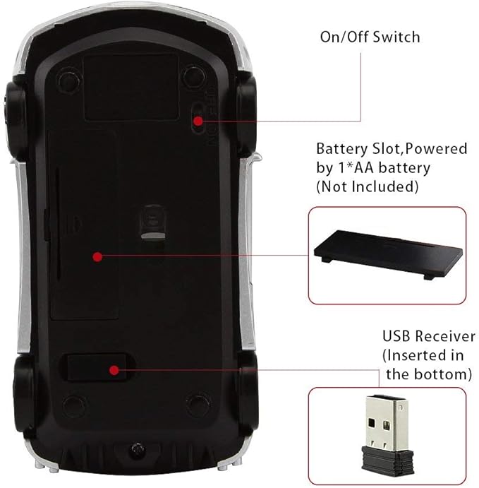 Jinfili Car Wireless Mouse Ergonomic Optical Mice USB 2.4G Mini Receiver for Windows Laptop Notebook Mac