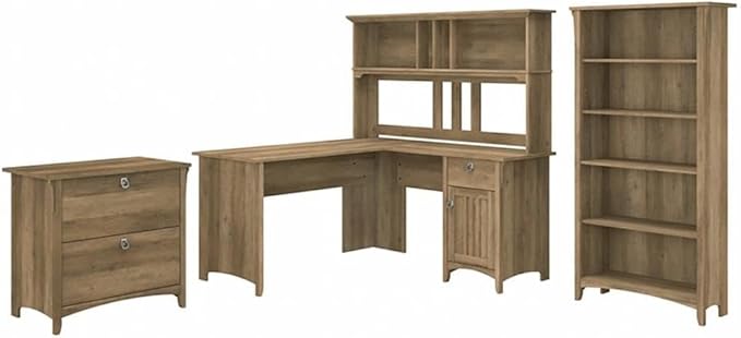 Pemberly Row Engineered Wood L Shaped Desk with Hutch & Storage, Reclaimed Pine Finish, 60W Corner Desk Set with File Cabinet and 5 Shelf Bookcase for Home Office Organization