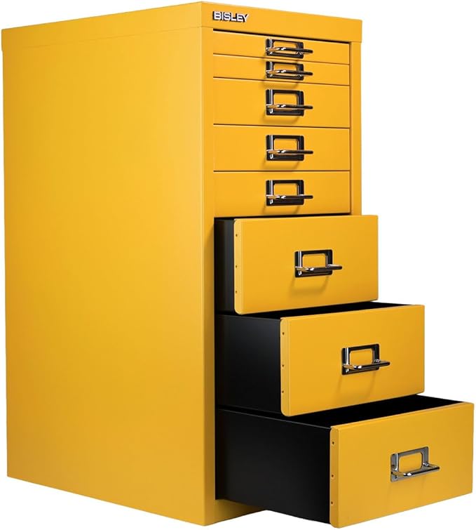 Bisley 8-Drawer Steel MultiDrawer Cabinet - Golden Sunflower Yellow, Chrome Pull Handles with Label Holders, Powder-Coated Steel, Removable Drawers, Fits Under Most Desks, Labels Included