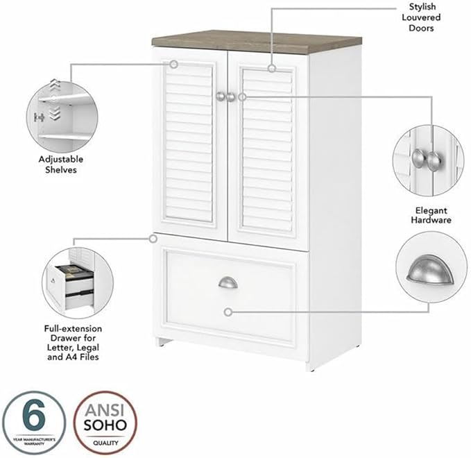 Bush Furniture Fairview 60W L Shaped Desk and 2 Door Storage Cabinet with File Drawer in Pure White and Shiplap Gray