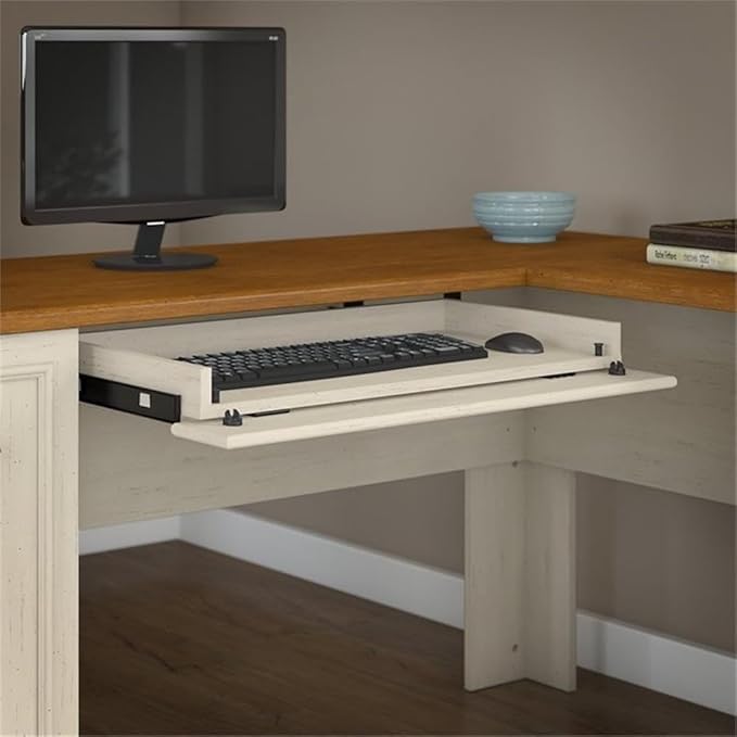Pemberly Row 5 Pc Office Set, L Shaped Desk w/Hutch, 60W Engineered Wood, Antique White Finish, Bookcase, File Cabinet, Storage Cabinet, Modern Farmhouse Style for Home Office Use
