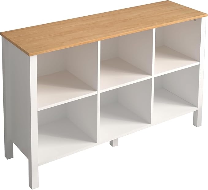6-Cube Bookcase, Farmhouse Wooden Bookshelf Low Storage Organizer, 45" Horizontal White Console with Legs, Hallway Book Case for Entryway, Display Cabinet for Living Room (White, 6-Cube)
