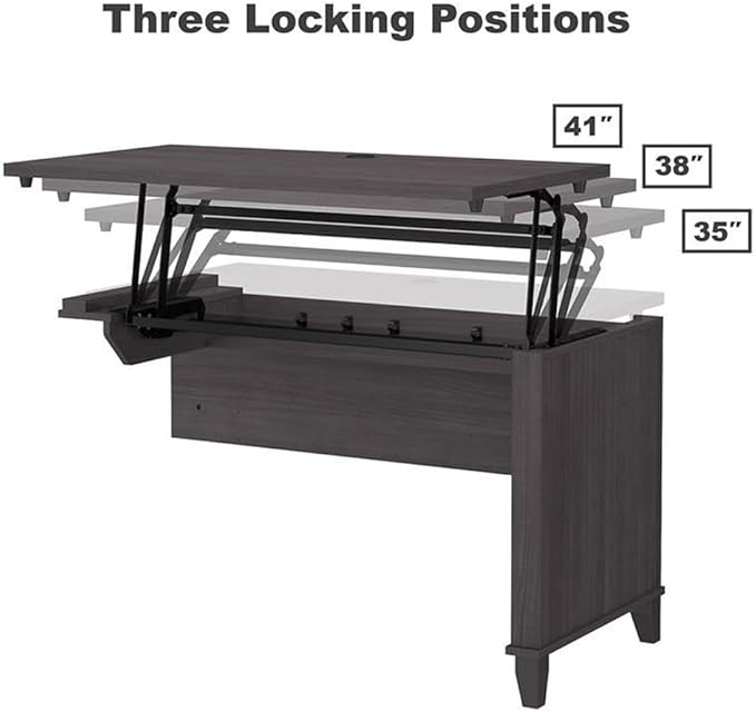 Pemberly Row 72W Sit to Stand L Shaped Desk Set with Hutch and 5 Shelf Bookcase, Engineered Wood, Storm Gray Finish, Adjustable Height, Frosted Glass Doors, Ergonomic Office Furniture for Workspace