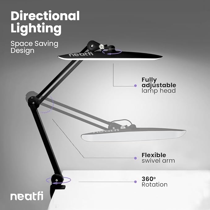 Neatfi XL 2200 Lumens 20W LED Desk Lamp with Clamp – Adjustable Color Temperature | 4-Level Dimmable Light | Home Office, Crafts & Workbench | 20-Inch Wide Head (Black, CCT with Clamp)