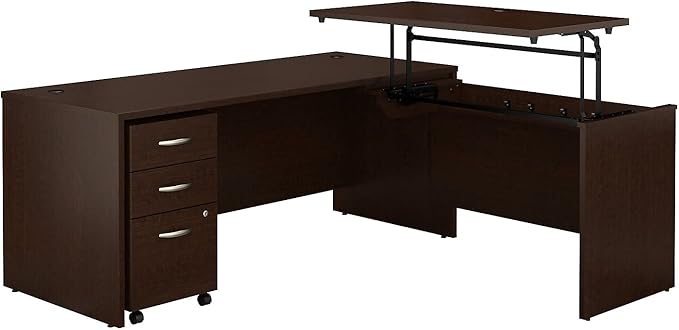 Bush Business Furniture Series C 72W x 30D 3 Position Sit to Stand L Shaped Desk with Mobile File Cabinet in Mocha Cherry