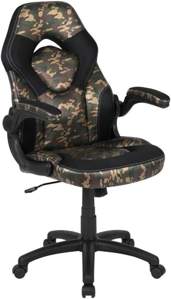 BOWERY HILL 2 Piece Gaming Desk Set, Black Laminate/Black Leather with Camouflage Mesh, Includes Raised Monitor Platform, Cup Holder, Headset Hook, Ergonomic High Back Chair for PC Gaming