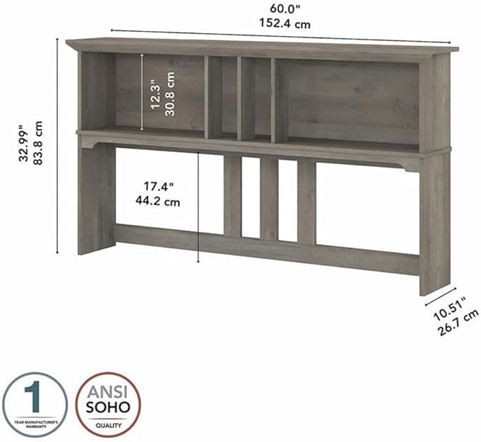 Pemberly Row 60W Hutch for L Shaped Desk, Driftwood Gray Finish, Engineered Wood, Open Cubby Storage, Modern Farmhouse Style Workspace Organizer, Fits Large Monitors or Dual Monitors