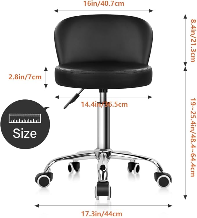 KKTONER Rolling Vanity Chair with Backrest Height Adjustable Office Chair PU Leather Swivel Drafting Stool with Wheels (Black)
