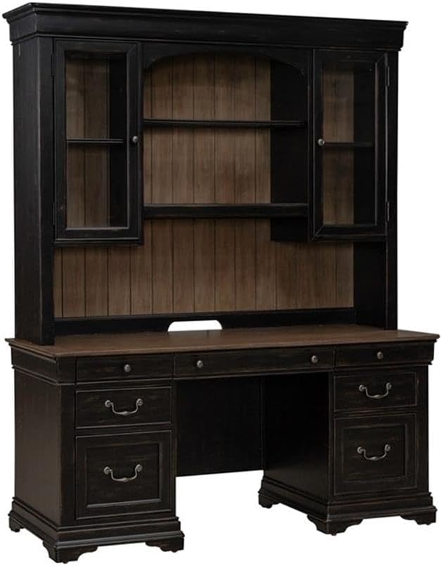 Pemberly Row Modern 5 Piece Jr Executive Desk Set, Aged Charcoal Finish, Poplar Solids with Birch & Maple Veneers, Includes Desk, Credenza & Hutch, LED Lighting, Locking File Drawers for Office Use