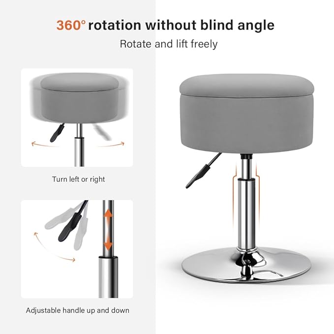 KKTONER Velvet Round Vanity Stool with Storage Height Adjustable Makeup Chair with Swivel Base Non-Slip Small Vanity Stool for Spa Salon Dressing Room Bedroom (Gray)