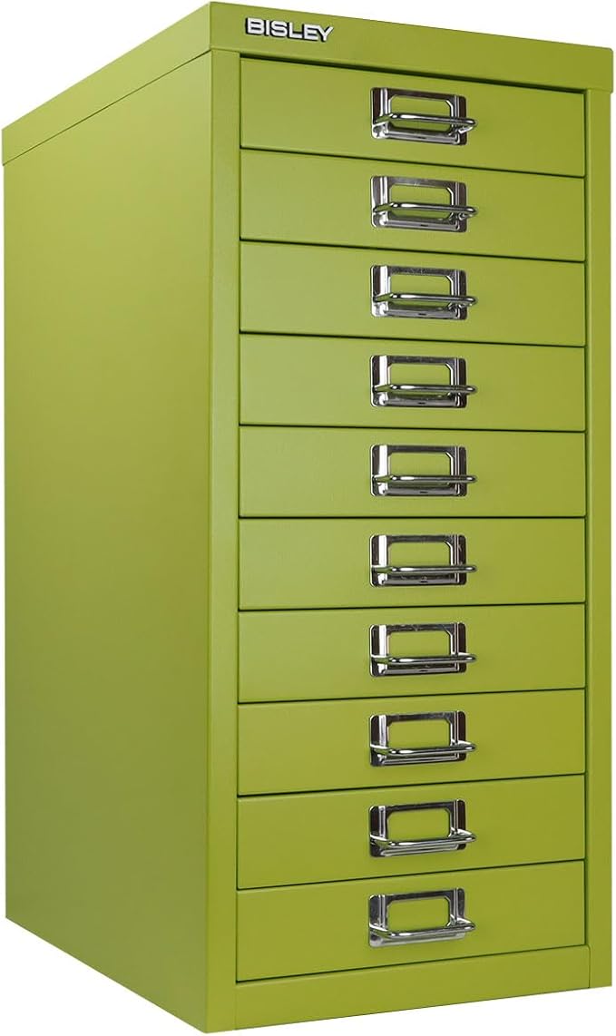 10-Drawer Steel MultiDrawer Cabinet - Bisley Green, Chrome Pull Handles with Label Holders, Powder-Coated Steel, Removable Drawers, Fits Under Most Desks, Labels Included by Bisley