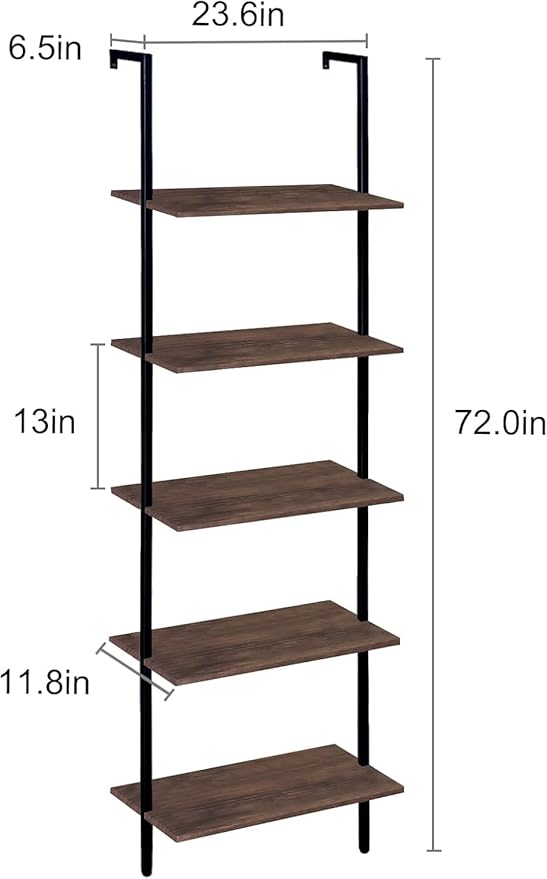 Wolawu 5 Tiers Ladder Shelf Brown Modern Bookshelf Open Tall Wall Mount Bookcase Standing Leaning Wall Shelves Industrial Decorative Living Room Bed Room