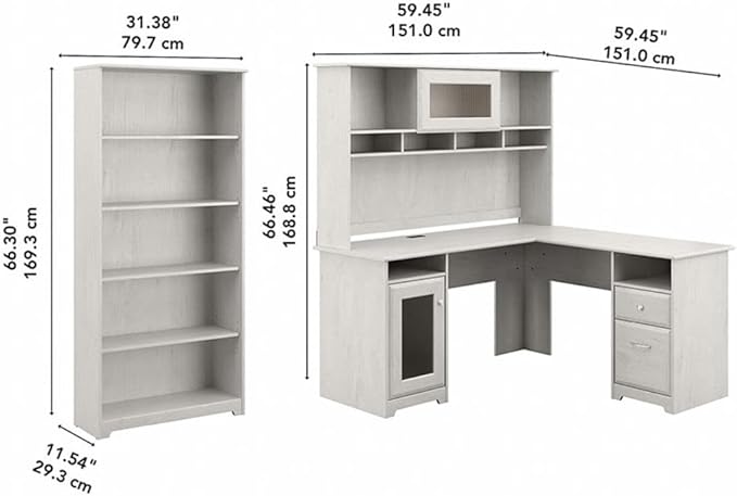 Scranton & Co Cabot L Shaped Desk with Hutch & Bookcase, White Oak Finish, 60W Computer Desk Set with USB Hub, Fluted Glass Doors, Adjustable Bookcase Shelves, Home Office Furniture