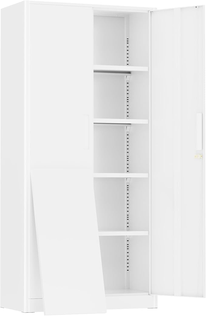 Greenvelly Metal Storage Cabinet with 2 Doors and 4 Adjustable Shelves, 72" White Metal Cabinet with Locking Feature and 2 Keys for Office, Home, Garage, Gym, School