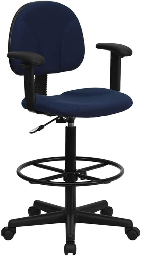 Flash Furniture Navy Blue Patterned Fabric Ergonomic Drafting Stool with Arms