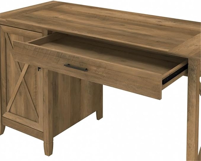 Pemberly Row 54W Desk Set with File Cabinet and 5 Shelf Bookcase, Pine Finish, Engineered Wood, Farmhouse Style Office Furniture for Home Workspace, Durable 3-Piece Bundle, Adjustable Storage