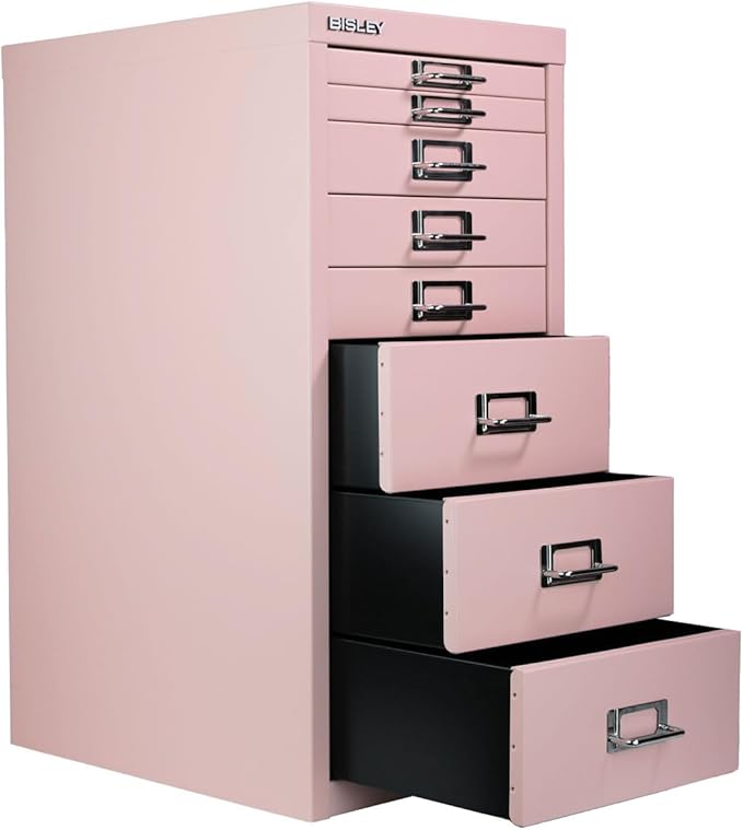 Bisley 8-Drawer Steel MultiDrawer Cabinet - Palest Pink, Chrome Pull Handles with Label Holders, Powder-Coated Steel, Removable Drawers, Fits Under Most Desks, Labels Included