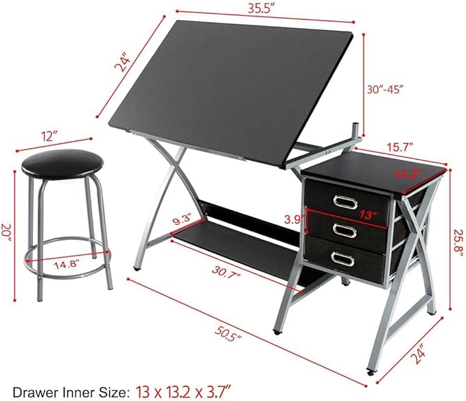 Topeakmart Drafting Tables, Draft Drawing Desk w/Stool and Tiltable Tabletop, 3 Storage Drawers, Reading, Writing Art Crafting Workstation, Black