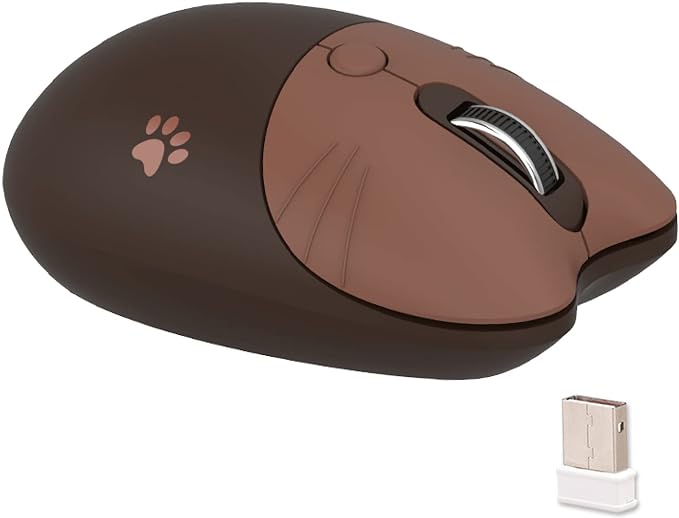 Lomiluskr Cute Cat Wireless Mouse, Lightweight Soundless Mice, 2.4G Wireless Mice, Candy Colors, Kawaii Mouse for Girls and Kids (Coffee)