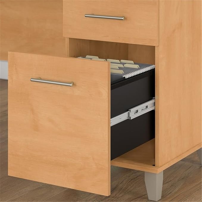Pemberly Row 60W L Shaped Desk with Hutch and File Cabinet, Maple Cross Finish, Wood Construction, Frosted Glass Doors, Storage Drawers, Tapered Legs, Transitional Style Home Office Furniture Set