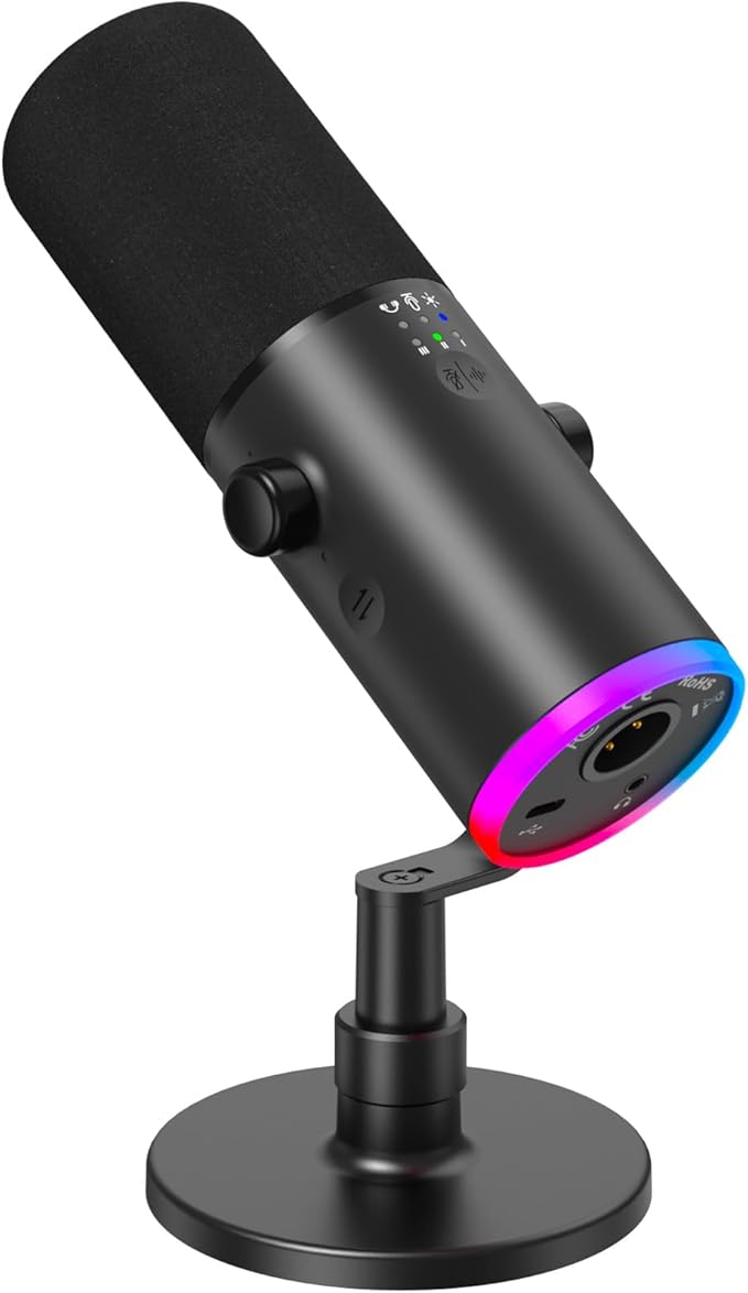 TONOR Dynamic Gaming Microphone, XLR/USB Mic Streaming, AI Noise Cancellation, Controlable RGB, Tap Mute, 3.5mm Headphone Jack, Volume Control, Microfono with Desktop Stand, Black, TD510 AIR S