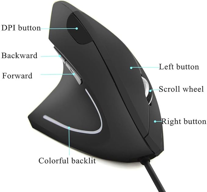 FLY WAY Left Handed Mouse,Ergonomic Vertical USB Wired Mouse 800/1200/1600 DPI Optical 6 Buttons Gaming Mice for PC Laptop Computer Desktop Mac (Left Hand)