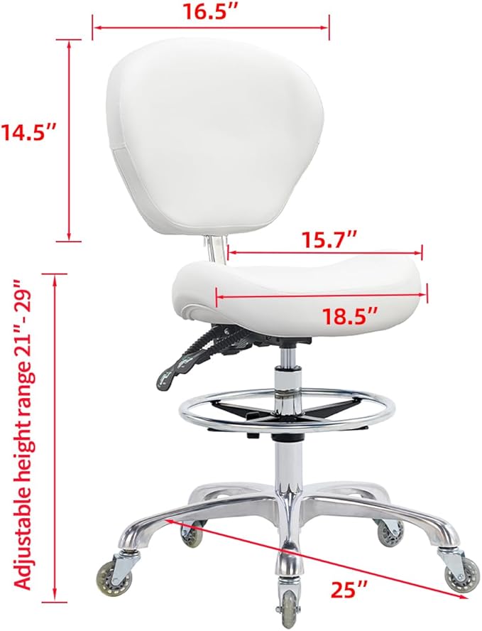 Grace&Grace Drafting Chair Adjustable Tall Shop Stool, Rolling Stool with Back Support for Studio, Classroom, Lab, Counter, Medical (White)