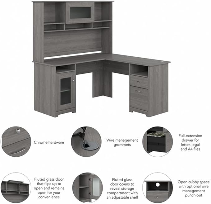 UrbanPro 60W L Shaped Computer Desk with Hutch, Engineered Wood, Modern Gray Finish, Built-In Wire Management, File Drawer, Adjustable Shelf, Fluted Glass Door, Home Office Desk for Storage and