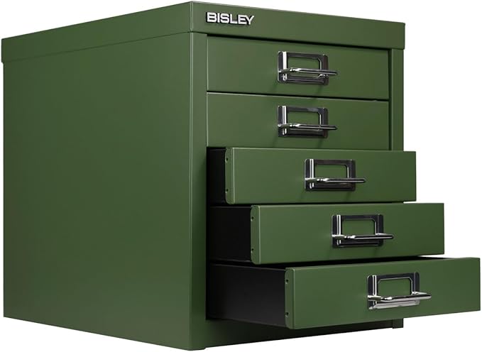 Bisley 5-Drawer Steel MultiDrawer Cabinet - Olive Green, Chrome Pull Handles with Label Holders, Powder-Coated Steel, Removable Drawers, Desktop Storage, Labels Included