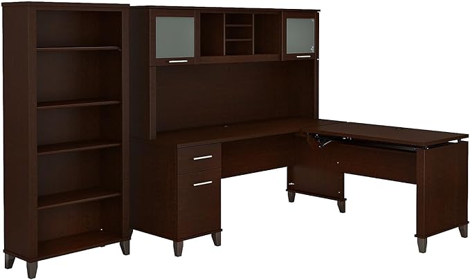 Bush Furniture Somerset 72W 3 Position Sit to Stand L Shaped Desk with Hutch and Bookcase in Mocha Cherry