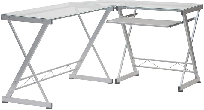 Techni Mobili L Shaped Desk with Keyboard Tray - Efficient Work from Home Desk - Glass L Shaped Desk - Professional Work Desk for Home Office - Versatile Glass Corner Desks for Home Office