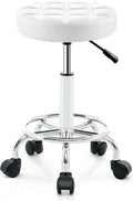 Rolling Stool with Wheels - Swivel Small Office Chair with Footrest, PU Leather Shop Stool for Office Spa Studio Lab Counter Salon Home Work Bar Kitchen Shop Teach Medical Facial, White