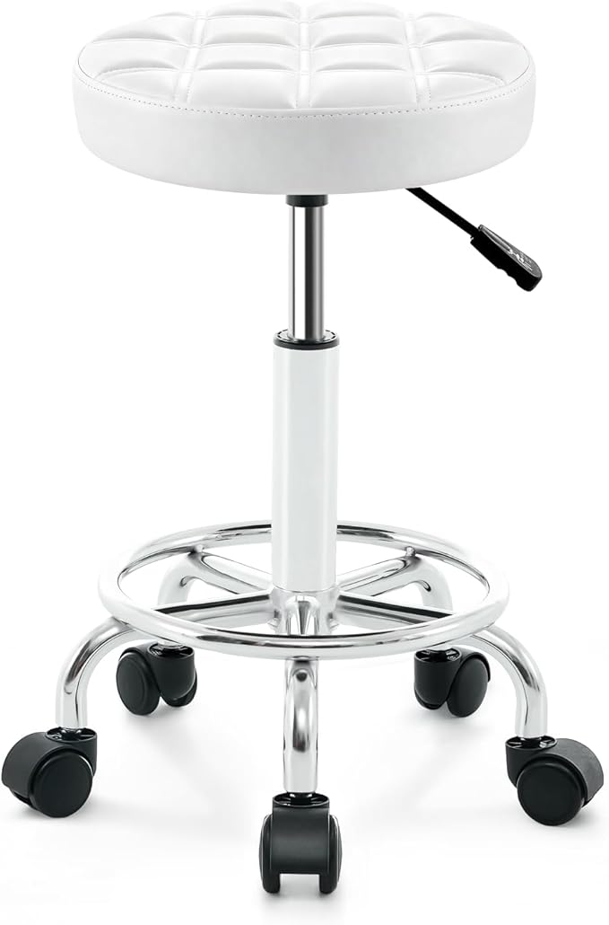 Rolling Stool with Wheels - Swivel Small Office Chair with Footrest, PU Leather Shop Stool for Office Spa Studio Lab Counter Salon Home Work Bar Kitchen Shop Teach Medical Facial, White