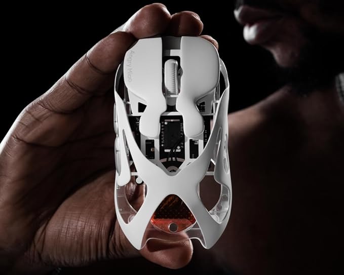 Angry miao AM Infinity Mouse Dual 8K Polling 1.2s Hot-Swap Battery, Wireless Programmable for Gaming, 49g Metal Ultralight Hollow Design, 30000 DPI PAW3950 Laser Sensor, 2.4G/Bluetooth/Wired – White