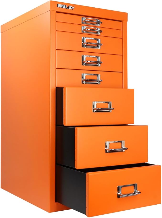 8-Drawer Steel MultiDrawer Cabinet - Bisley Orange, Chrome Pull Handles with Label Holders, Powder-Coated Steel, Removable Drawers, Fits Under Most Desks, Labels Included by Bisley