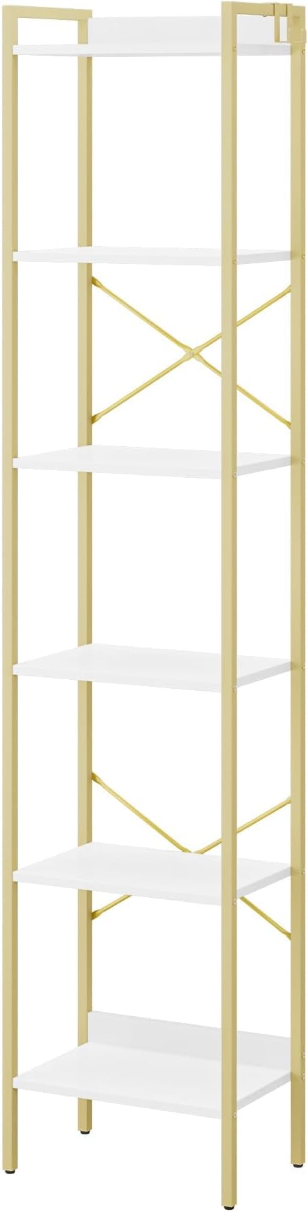Hzuaneri Bookshelf, Book Shelf, Industrial Bookcase with 2 Hooks, Coner Shelf Storage Organizer for Home Office, Living Room, Bedroom, Kitchen, 6-Tier White-Gold BC10713G
