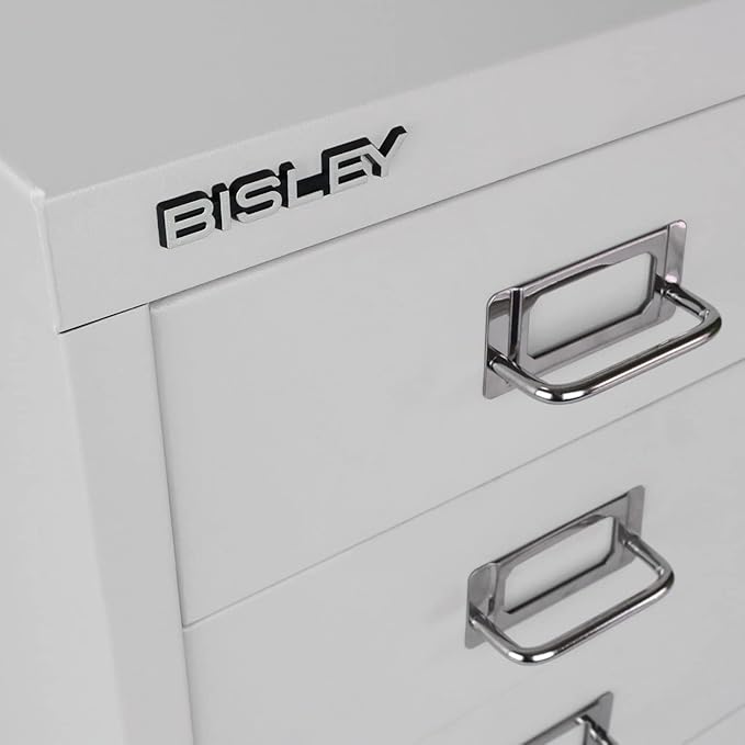 Bisley 3-Drawer Steel MultiDrawer Cabinet - Light Grey, Chrome Pull Handles with Label Holders, Powder-Coated Steel, Removable Drawers, Desktop Storage, Labels Included