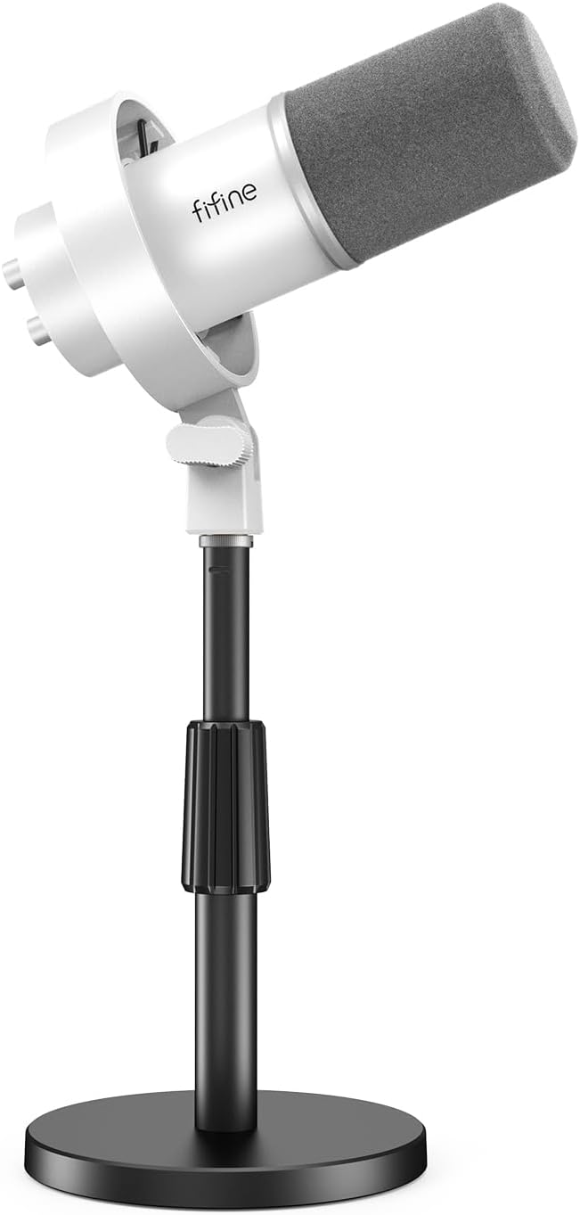 FIFINE Studio XLR Dynamic Microphone with Desktop Mic Stand Kit, XLR/USB Podcast Microphone with Quick Mute,Gain Knob, Heavy-Duty Metal Adjustable Table Stand for Streaming Recording-K688W+BS1