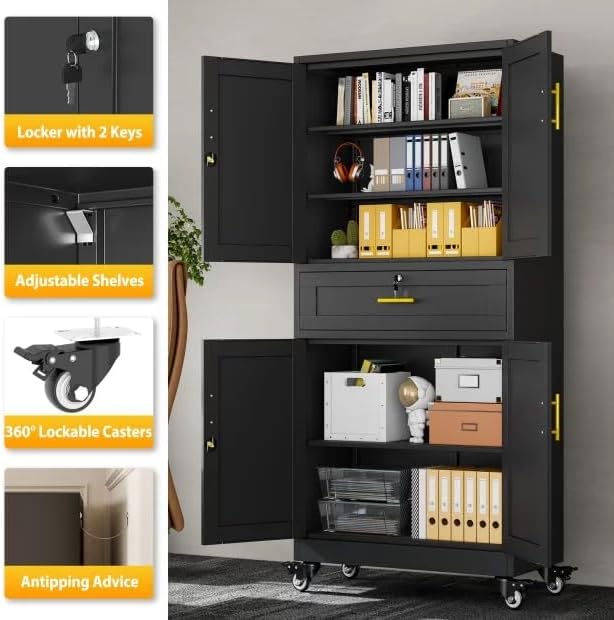 PAOFIN Metal Tall Storage Cabinet with Drawer, Garage Storage Cabinet with Locking Doors and 3 Adjustable Shelves, 71" H Steel Cabinets for Garage, Home, Office, Black, Assembly Required