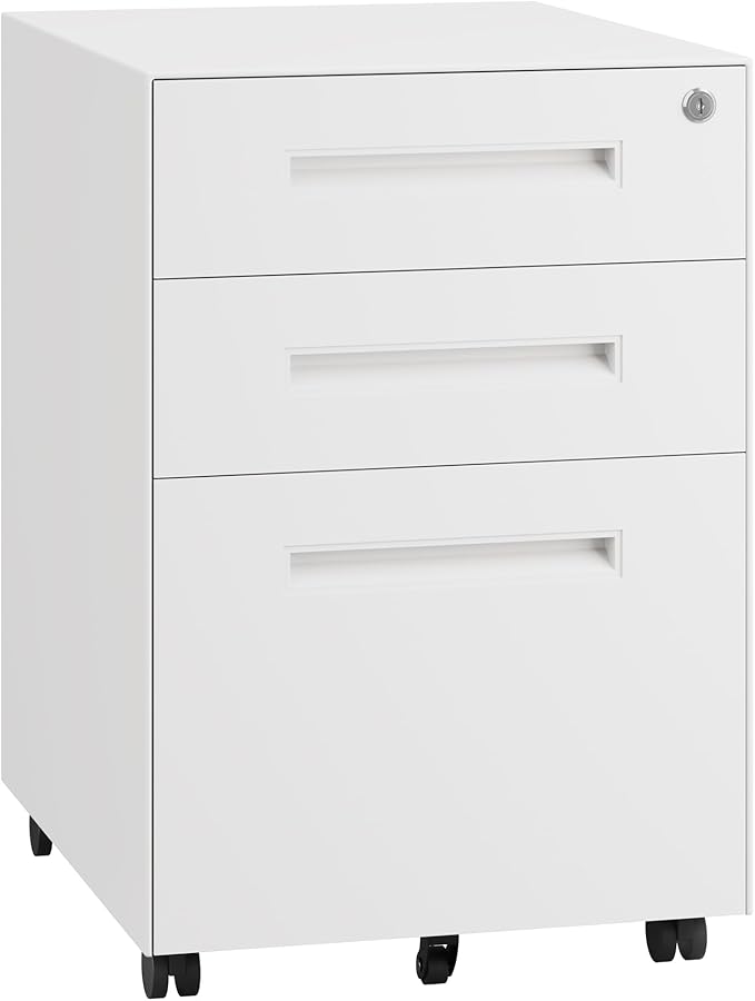 Dripex 3 Drawer White File Cabinet, Mobile Under Desk Storage File Cabinet with Lock on Wheels, Fully Assembled, Letter/Legal Size, Small Short Vertical Metal Rolling Filing Cabinets for Home Office