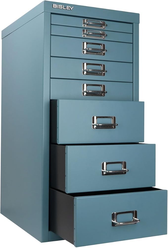 Bisley 8-Drawer Steel MultiDrawer Cabinet - Doulton Blue, Chrome Pull Handles with Label Holders, Powder-Coated Steel, Removable Drawers, Fits Under Most Desks, Labels Included