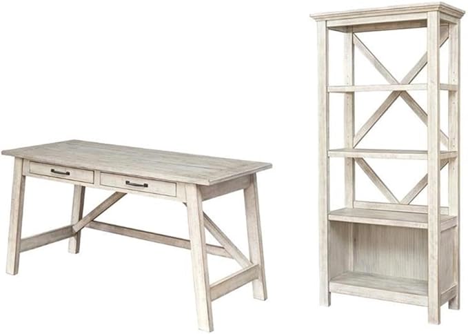 BOWERY HILL Farmhouse Desk and Bookcase Set in Whitewash