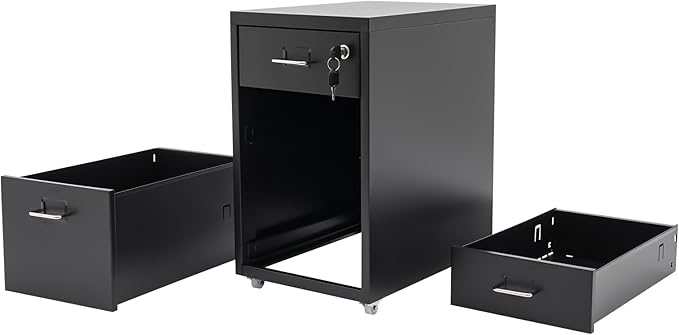 Vertical File Cabinet, 3-Drawer Metal Mobile File Cabinet with Lock, 11 * 16 * 18.3In Filing Cabinet Under Desk with Tag Jacks for Home Office (Black)