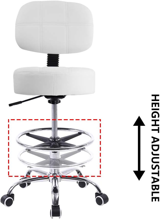 KKTONER Swivel Round Rolling Stool PU Leather with Adjustable Foot Rest Height Adjustable Task Work Drafting Chair with Back(White)
