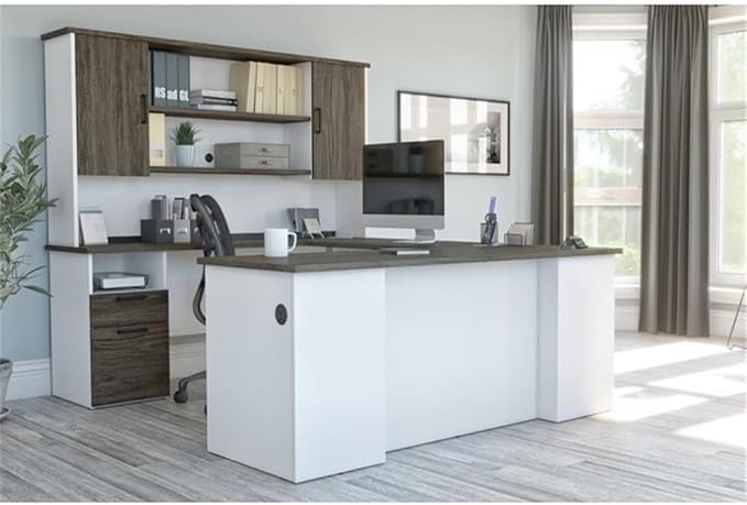 Atlin Designs Transitional U Shaped Computer Desk with Hutch, Laminated Wood, Walnut Gray/White Finish, Ample Storage, Smooth Slides, Reversible Office Workstation, 71" W x 88.4" D x 70" H
